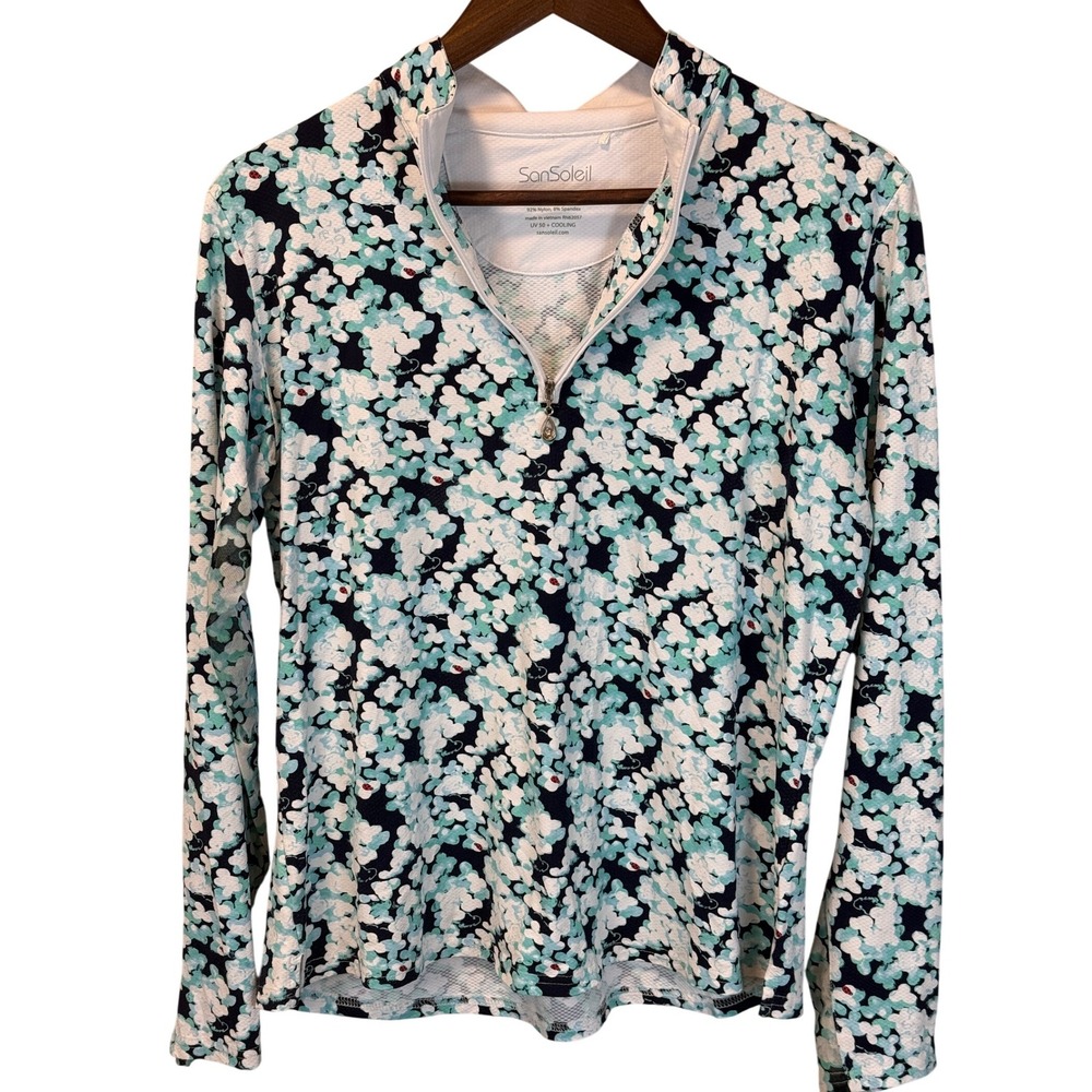 San Soleil Women SolTek UPF50+ Lucky Charm Blue Floral Print Zip Pullover Size L